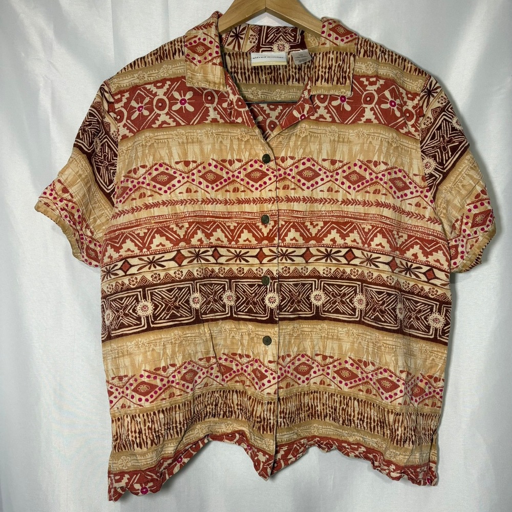 Alfred Dunner Vintage 18W Rayon Tribal Geometric Print Short‎ Sleeve Blouse Top